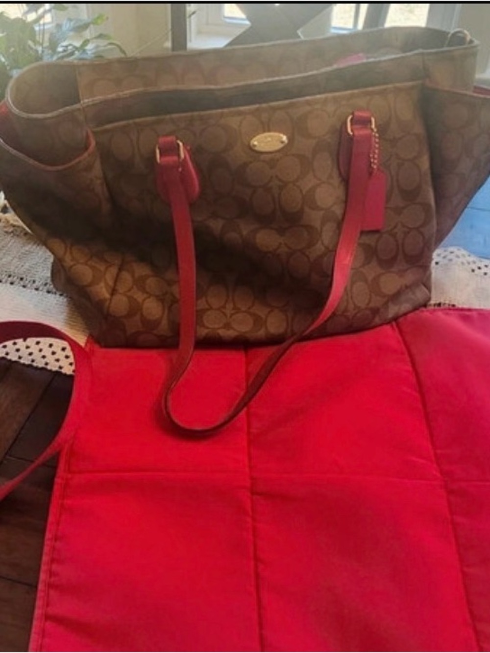 Coach Brown Signature Canvas Tote with Pink Leather Straps